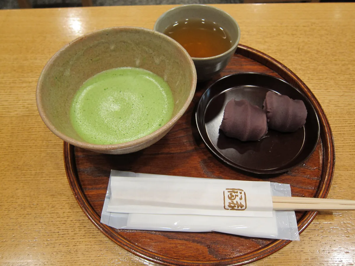 Akafuku served on a tray with a cup of tea