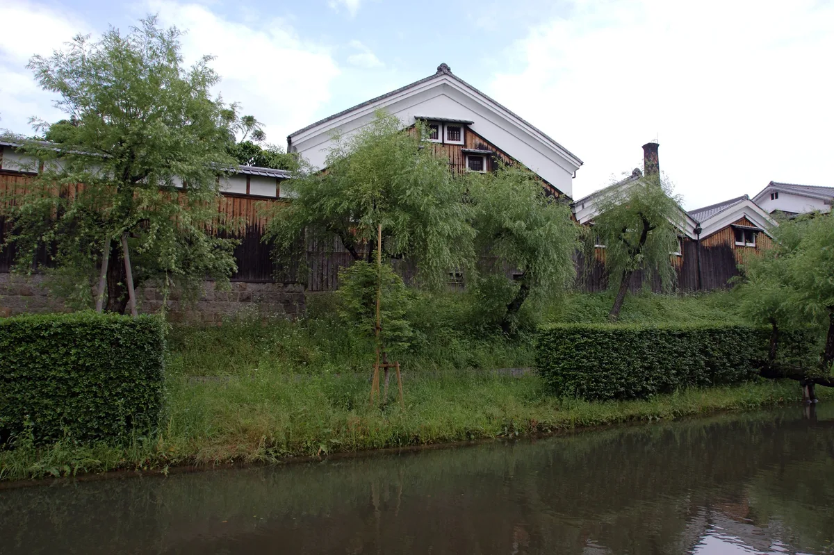 Sake brewery storehouses with white walls behind willow trees along a Fushimi waterway