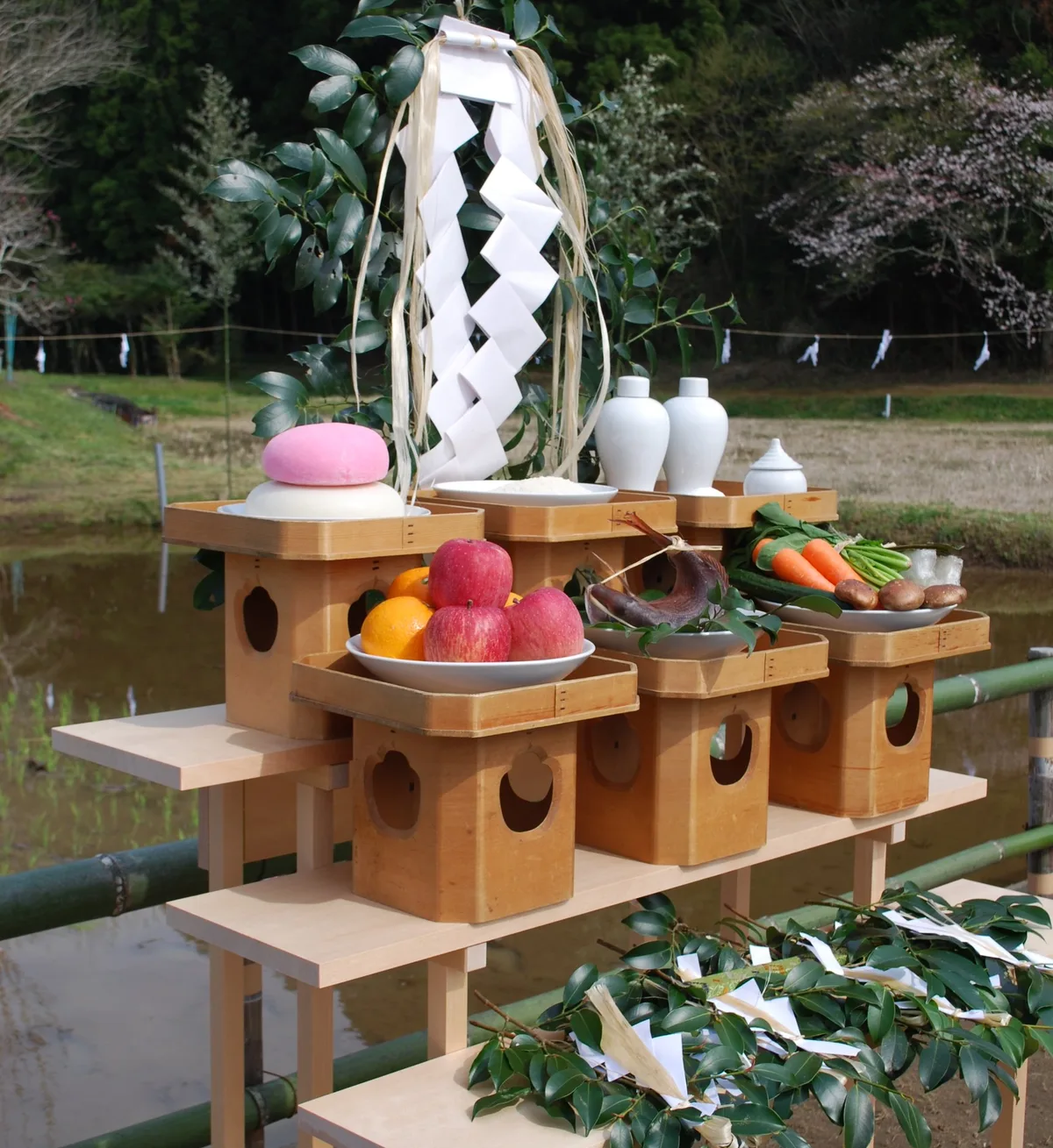 Offerings of sakaki, sake, rice, rice cakes, vegetables, fish and fruit on wooden stands