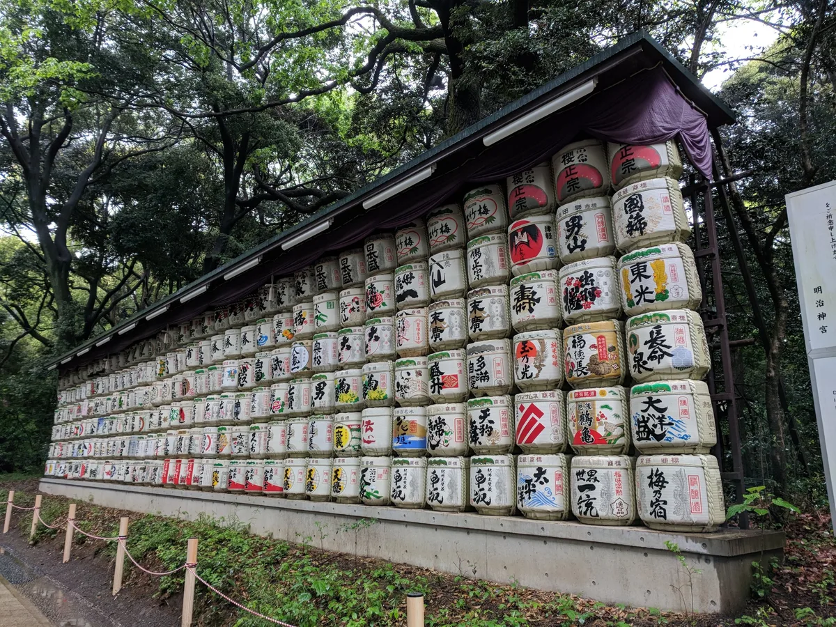 Rows of straw-wrapped sake barrels offered at Meiji Shrine